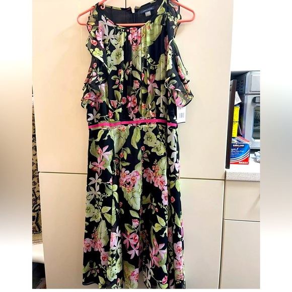 Tommy Hilfiger Womens Pink Floral Sleeveless Ruffle Evening Midi Dress Size 12 - Picture 1 of 9